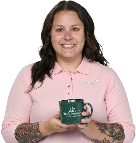 4imprint employee Chandler holding the Campfire Ceramic Mug